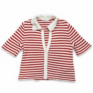 Abercrombie & Fitch Red and White Striped Knit Polo Cardigan